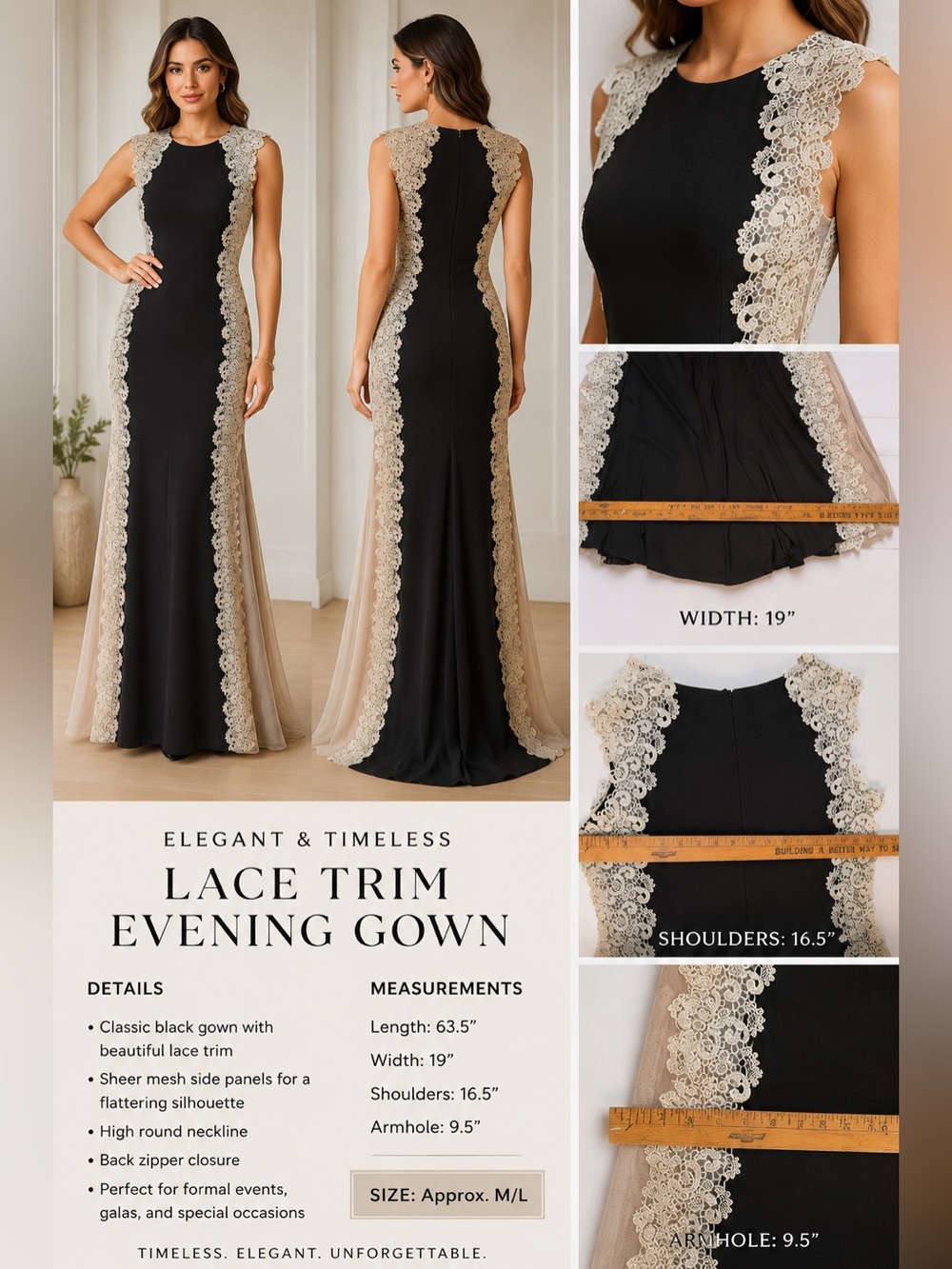 Elegant Black Evening Gown with Cream Lace Trim size 12